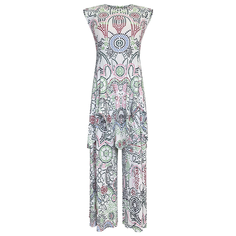 Boho Two-Piece Set – Dot Print Top and Pleated Wide-Leg Pants
