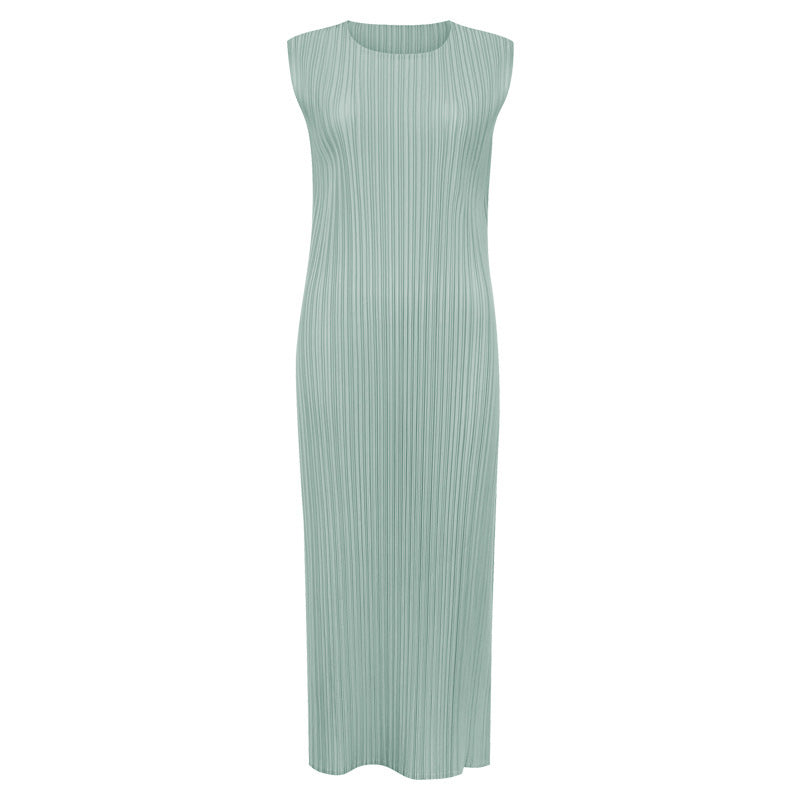 Japanese Style Sleeveless Pleated Dress – Round Neck Elegant Midi