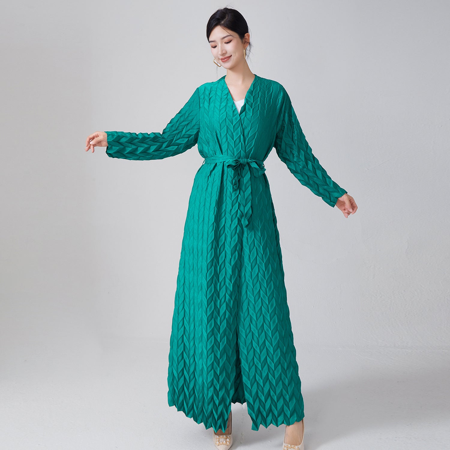 Pleats Please Lace-Up Trench Coat – Plus-Size Friendly Pleated Mid-Length Jacket