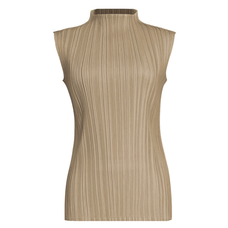 Pleats Summer Slim Sleeveless High-Neck Pleated Vest – Elegant Basic Top