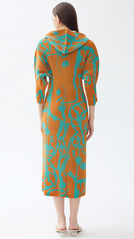 Pleated Printed Hooded Cloak Dress – Long Sleeve Single-Breasted Style