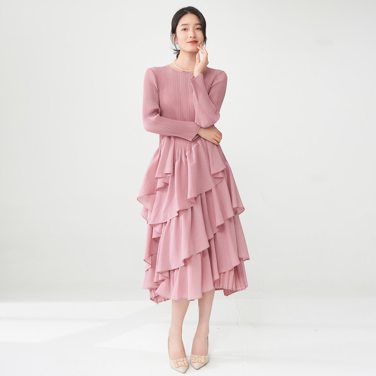 Pleats Please Ruffled Long-Sleeve Dress – Elegant Pleated Midi with Feminine Detail