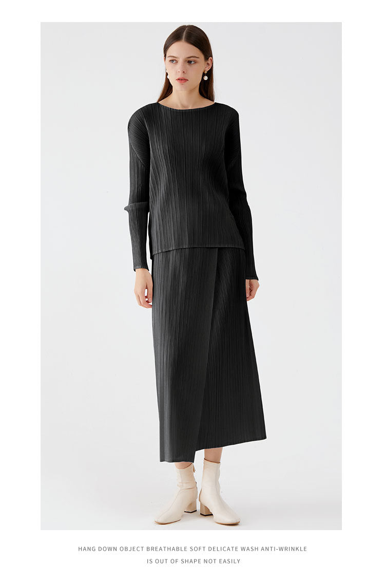 Pleated Skirt Suit – Korean Style Long Sleeve Top and Skirt Set