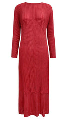 Pleated Fish Scale Maxi Dress – Solid Color Long Sleeve Elegance