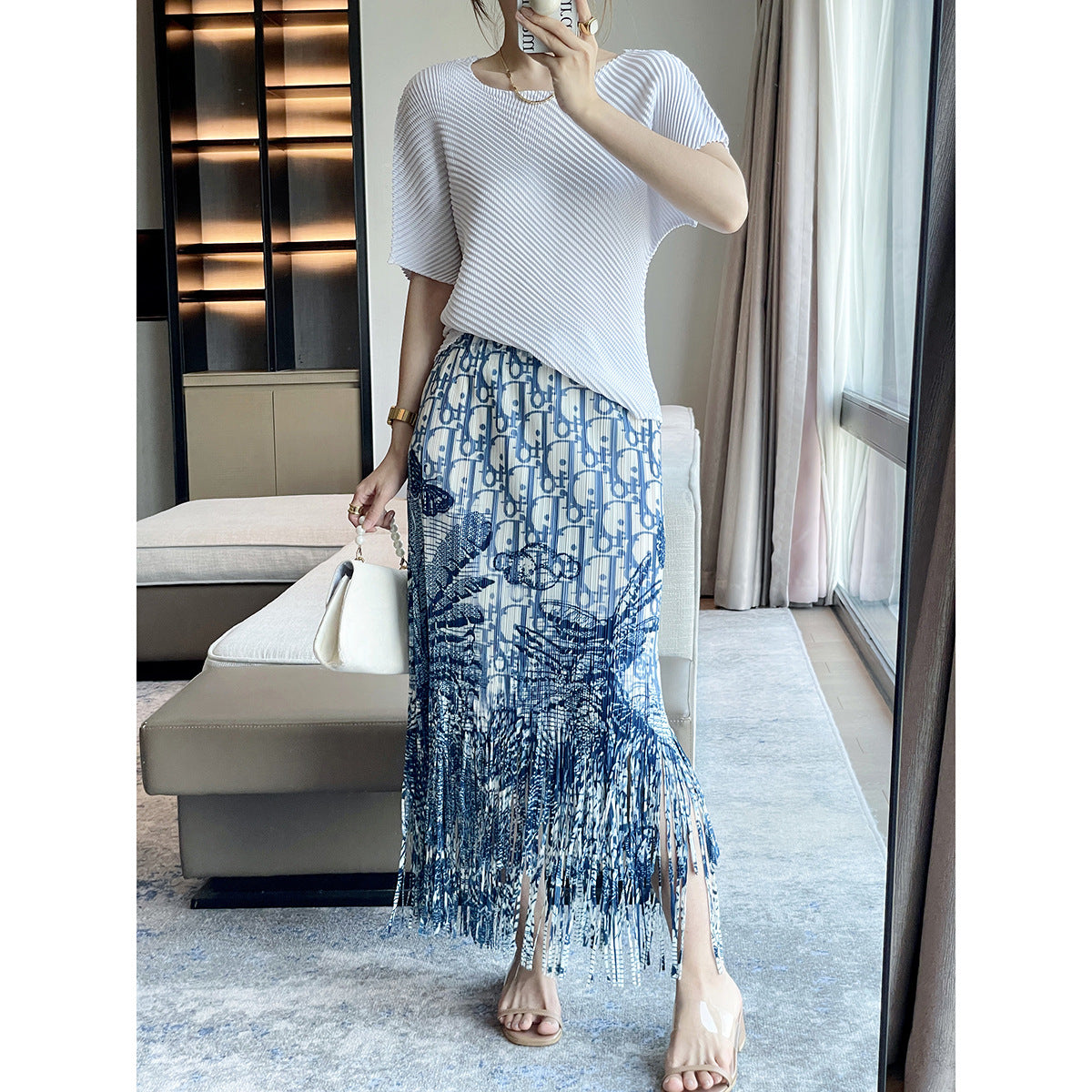 Pleated 2025 summer new high-end printed slimming Miyake skirt fringed temperament elegant design skirt