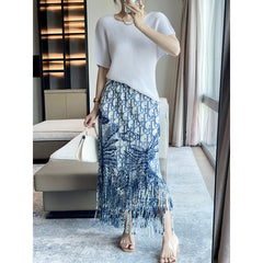 Pleated 2025 summer new high-end printed slimming Miyake skirt fringed temperament elegant design skirt