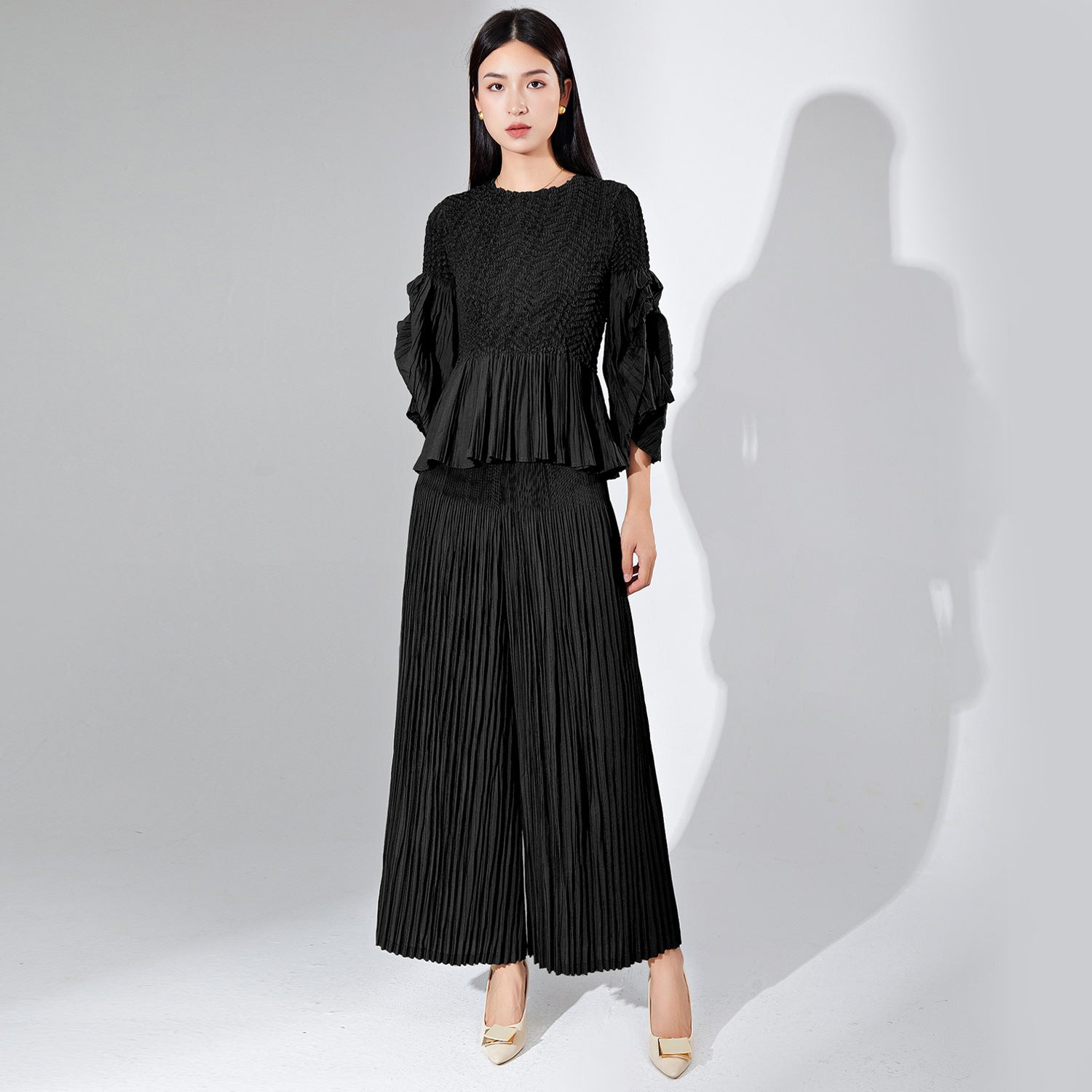 Pleated Two-Piece Set – Wide-Leg Pants & Top, Plus-Size Friendly Outfit for Women