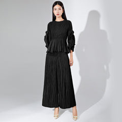 Pleated Two-Piece Set – Wide-Leg Pants & Top, Plus-Size Friendly Outfit for Women