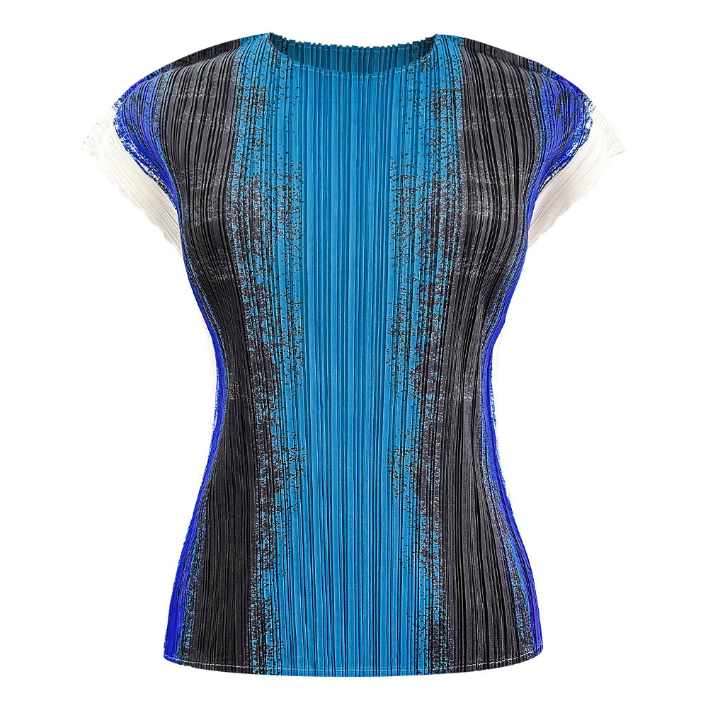 Printed Pleated Two-Piece Set – Sleeveless Top and High-Waist A-Line Skirt