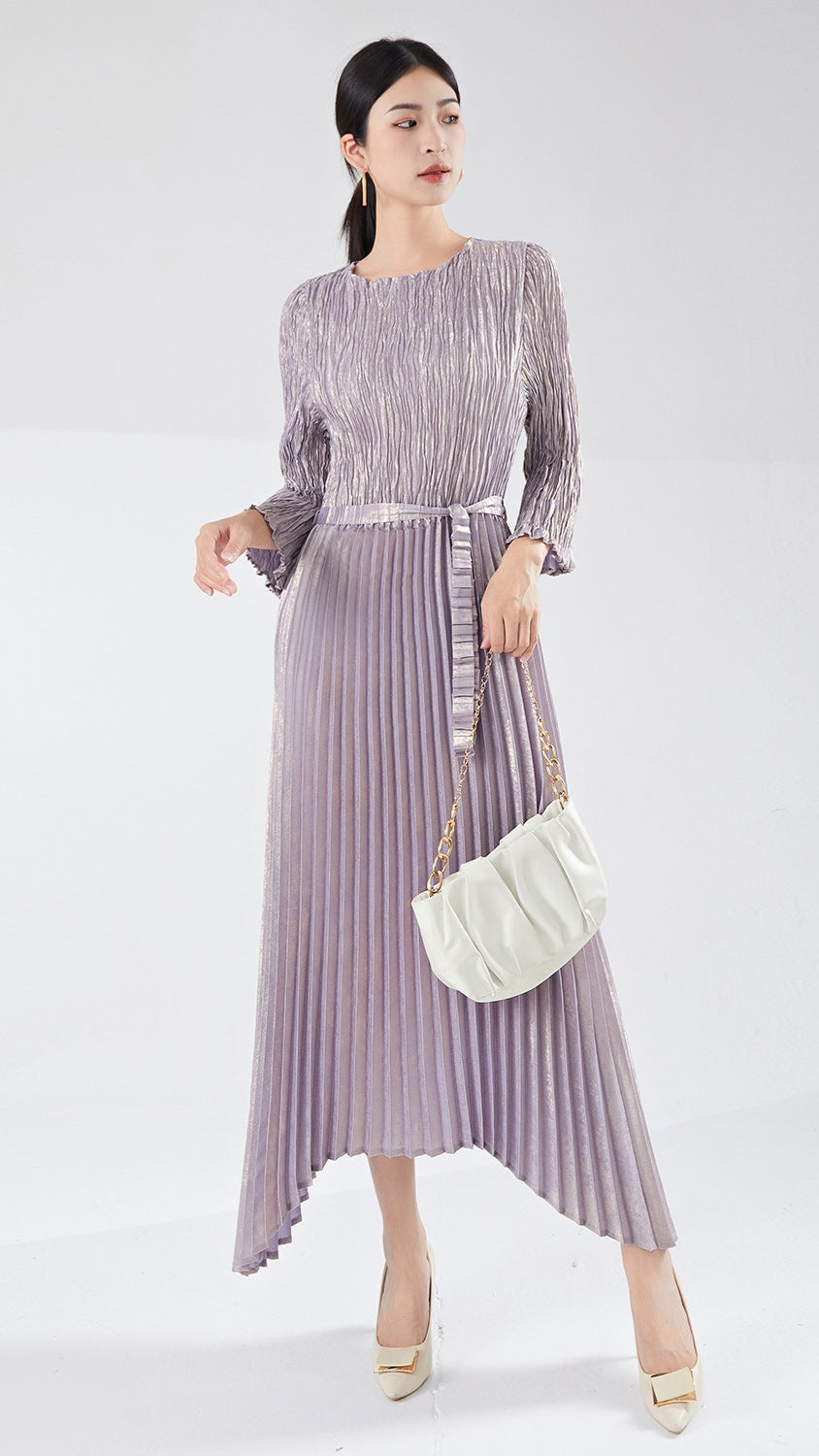 Pleats Please Irregular Bronzing Maxi Dress – Elegant Lace-Up Pleated Long Dress