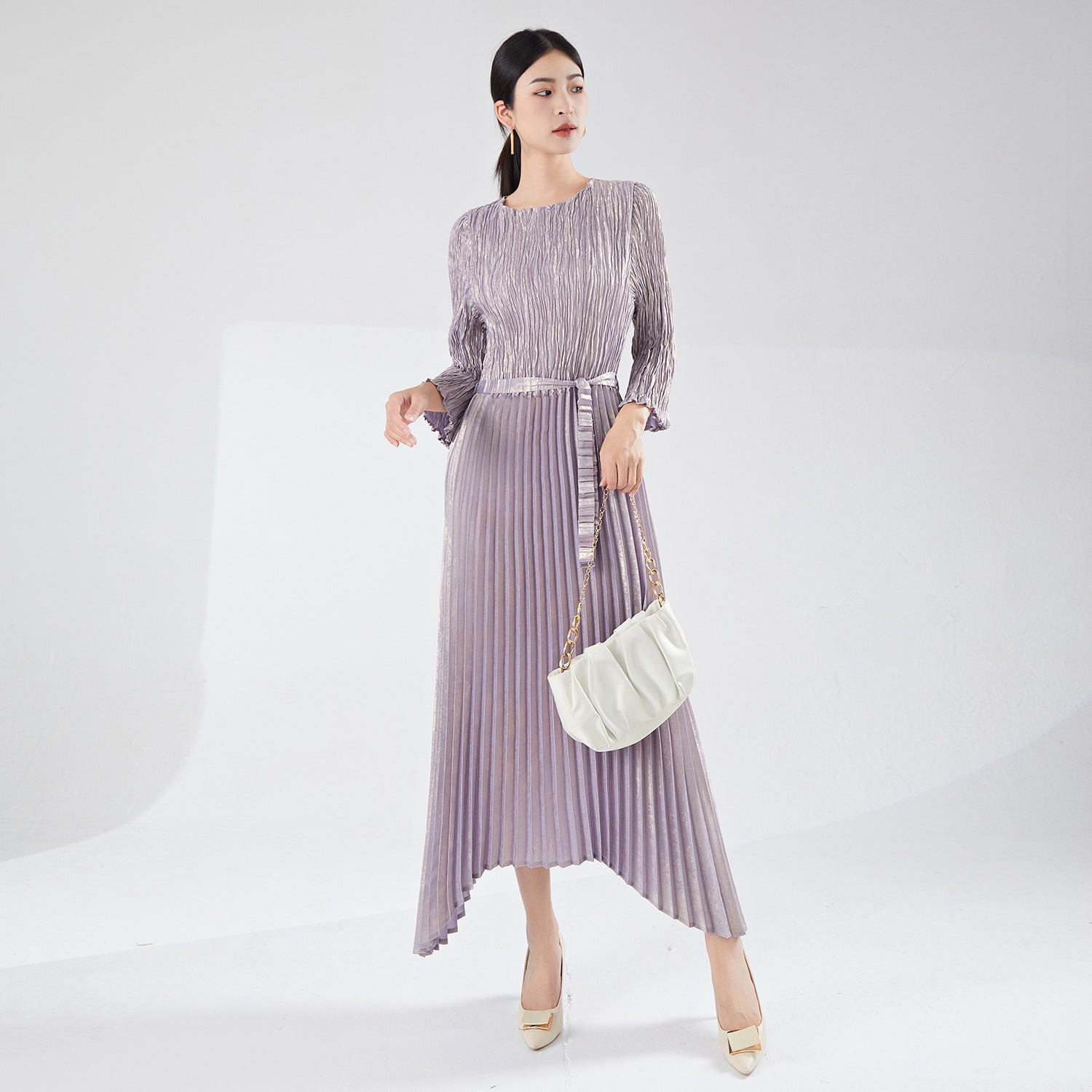 Pleats Please Irregular Bronzing Maxi Dress – Elegant Lace-Up Pleated Long Dress