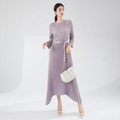 Pleats Please Irregular Bronzing Maxi Dress – Elegant Lace-Up Pleated Long Dress