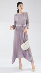 Pleats Please Irregular Bronzing Maxi Dress – Elegant Lace-Up Pleated Long Dress