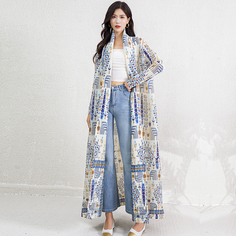 Pleats Please Printed Robe Dress – Long-Sleeve Pleated Maxi Cardigan Style