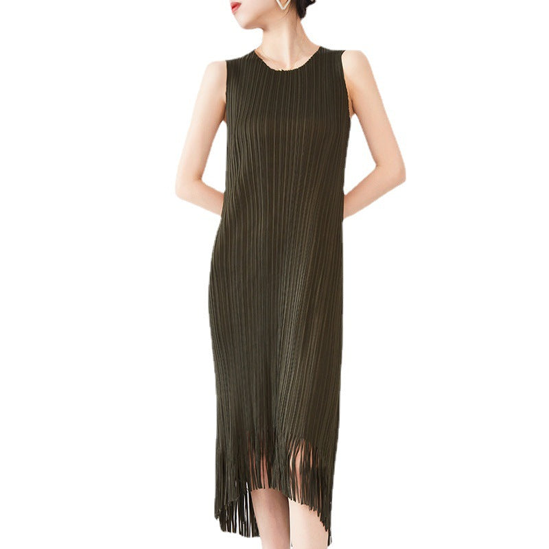 PleatsArt Sleeveless Pleated Fringe Dress – Elegant Summer Versatile Long Skirt