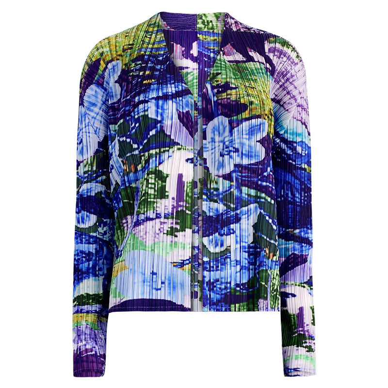Pleated Printed Jacket and Pants Set – Chic Straight-Leg Two-Piece Outfit