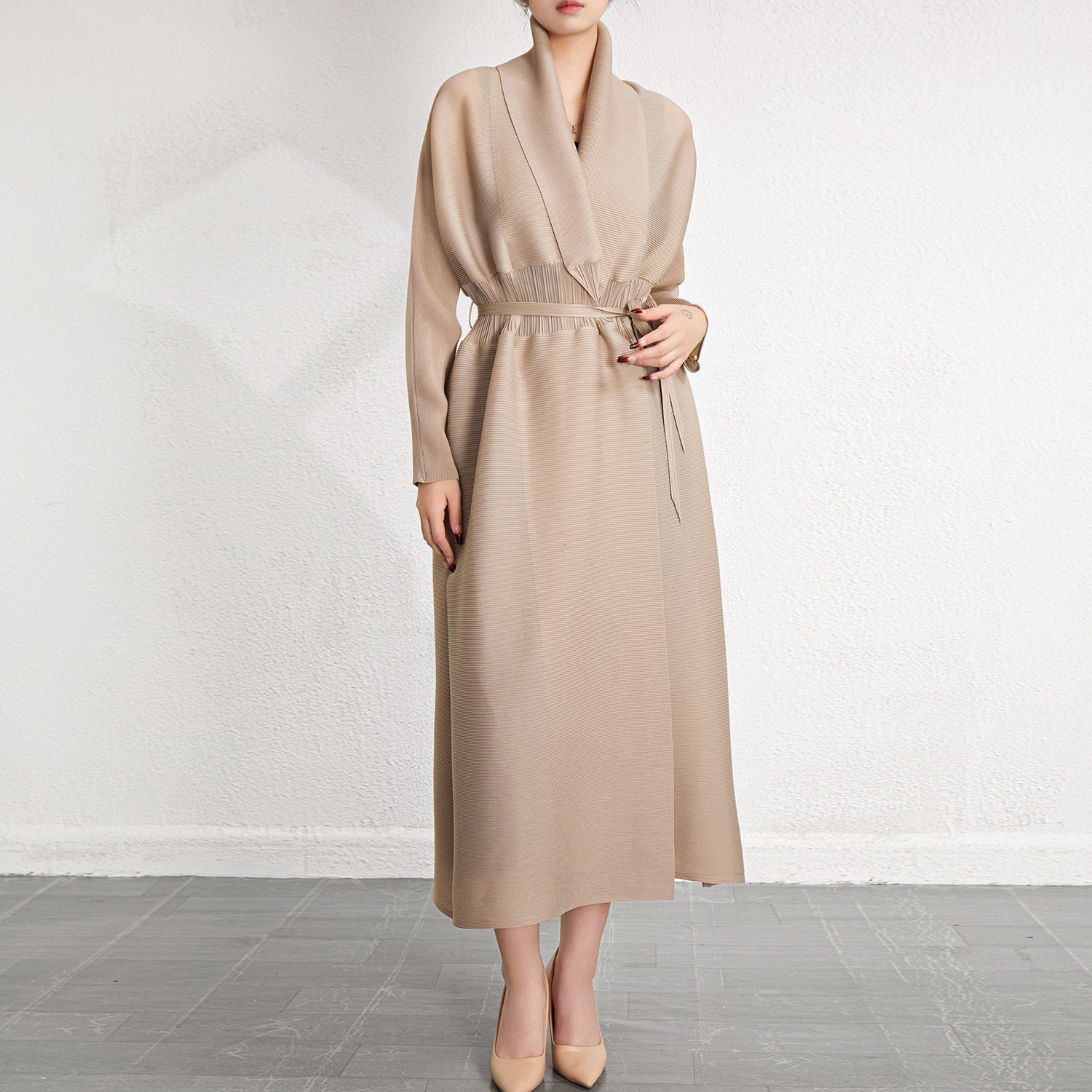 Pleated Midi Shawl Cardigan Coat – Elegant Lightweight Layer for Women