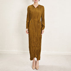 Pleats Please Irregular Pleated Dress – Long-Sleeve Cinched-Waist Elegant Style