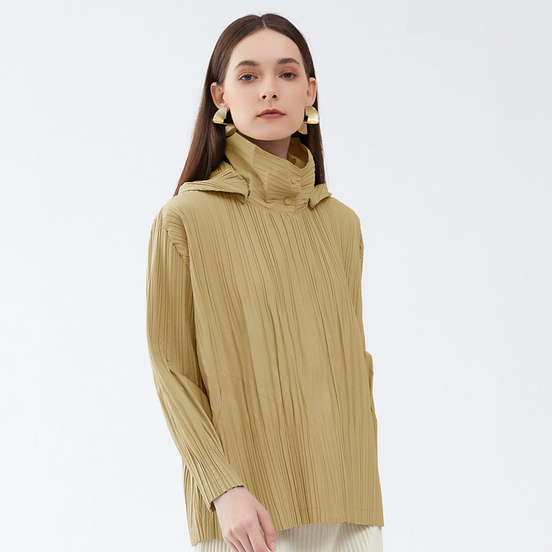 Pleats Please Short Trench Coat – Solid Color Pleated Jacket with Detachable Hood