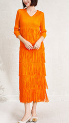 Pleated Tassel V-Neck Tiered Dress – Elegant and Flowy Women’s Outfit