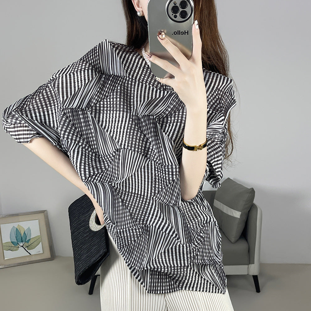 2025 Fall Winter Pleated Irregular Top – Loose Fit, 3/4 Sleeve Casual Slimming T-Shirt for Women