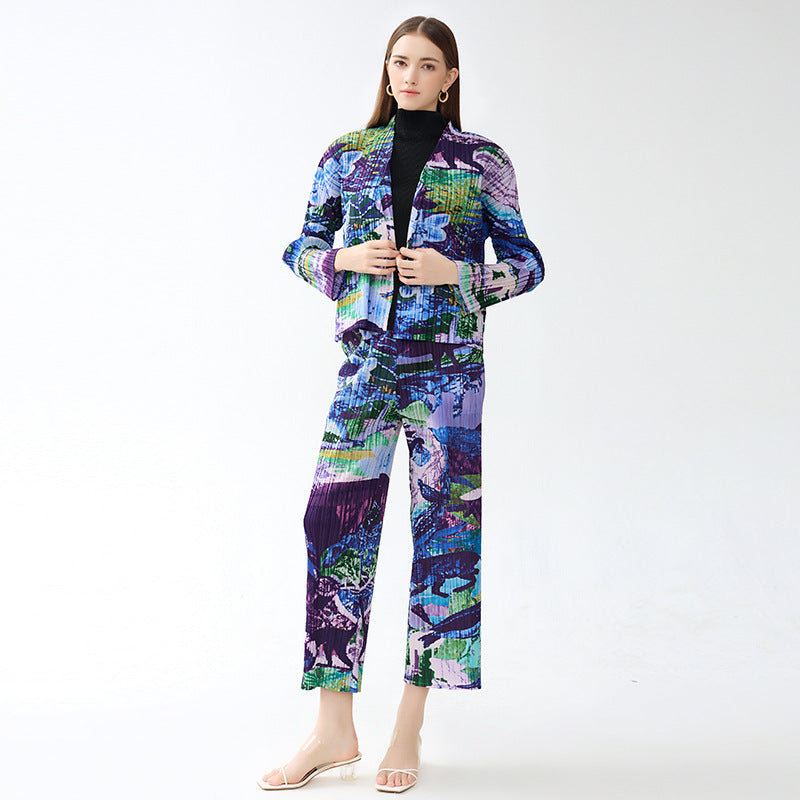 Pleated Printed Jacket and Pants Set – Chic Straight-Leg Two-Piece Outfit
