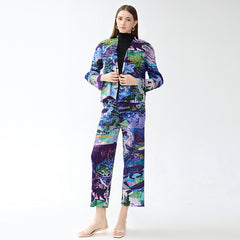 Pleated Printed Jacket and Pants Set – Chic Straight-Leg Two-Piece Outfit