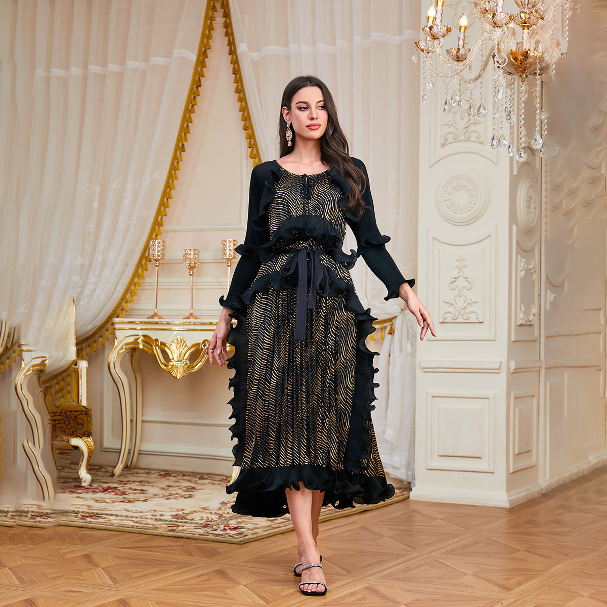 2025 cross-border new Arab heavy industry pleated fungus edge lace-up bronzing dress pleated temperament dress for women