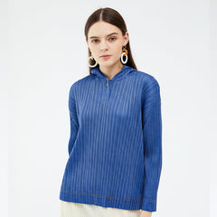 Pleated Long Sleeve Hooded Top – Casual Lightweight Women’s T-Shirt
