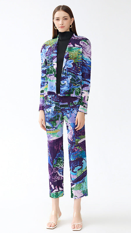 Pleated Printed Jacket and Pants Set – Chic Straight-Leg Two-Piece Outfit