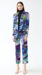 Pleated Printed Jacket and Pants Set – Chic Straight-Leg Two-Piece Outfit