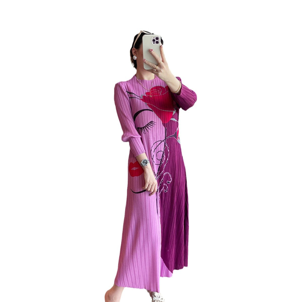 Women’s Pleated Midi Dress – French Print Elegant Slimming Style