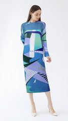 Pleated Printed A-Line Midi Dress – Slim Long Sleeve Women’s Style