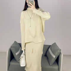 2025 Fall Winter Pleated Sweater Two-Piece Set – Semi-Turtleneck Top & Casual Skirt, Loose Fit Style for Women