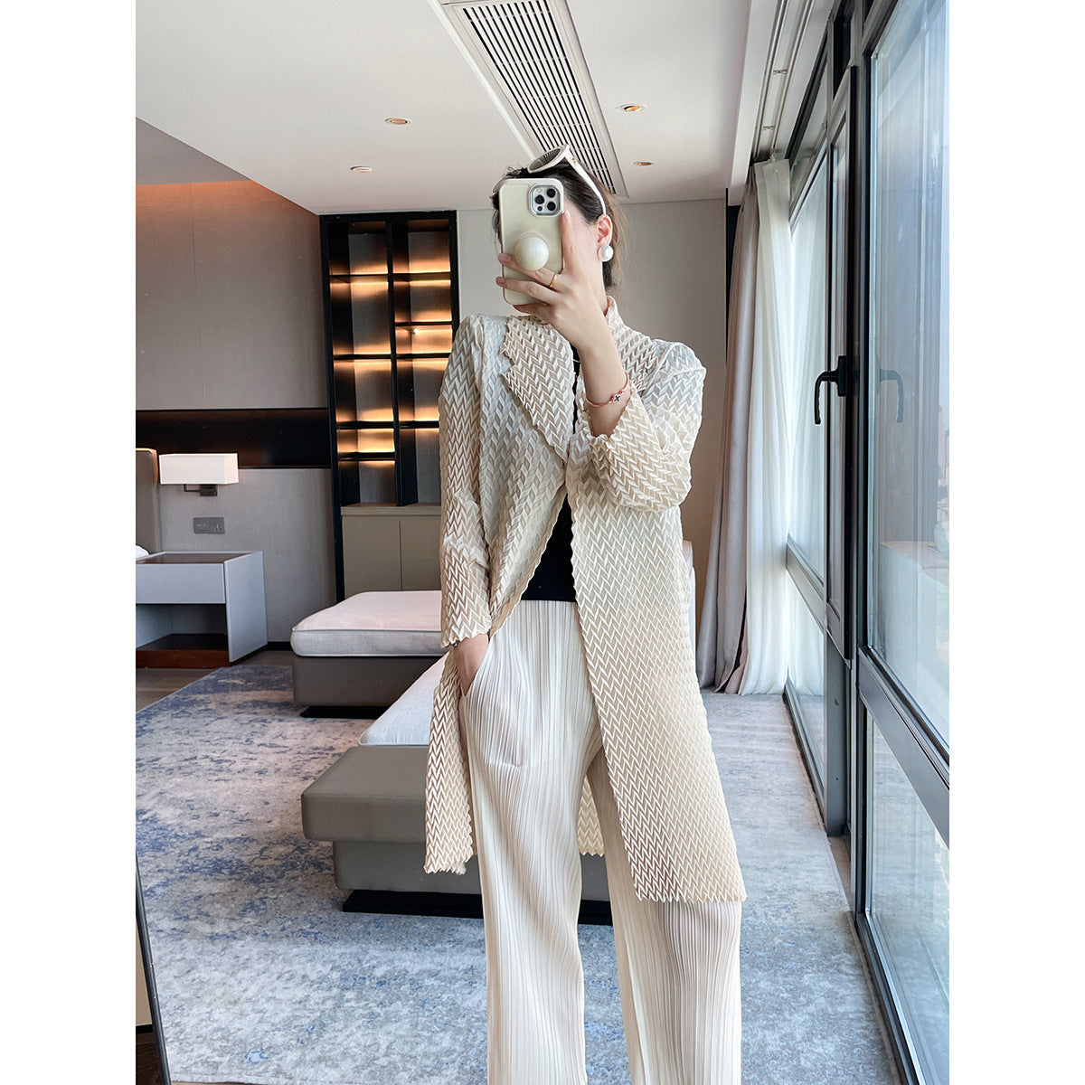 2025 Fall Winter Pleated Trench Coat – Lapel Mid-Length Versatile Jacket for Women
