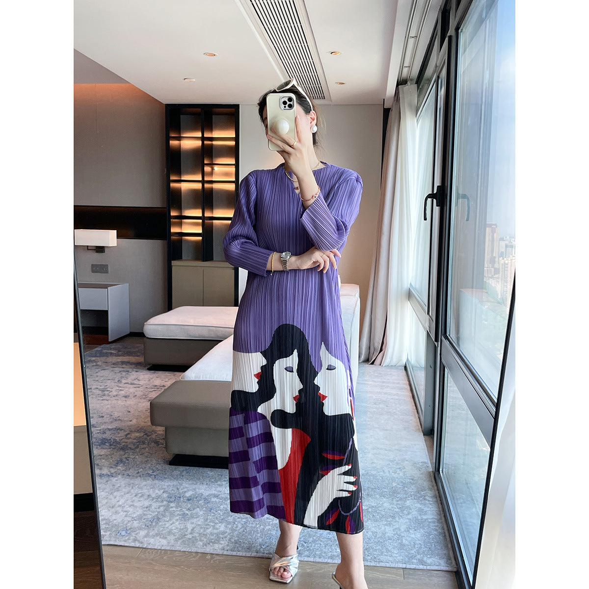 2025 Fall Winter Pleated V-Neck Printed Maxi Dress – Elegant Slim Fit French Style