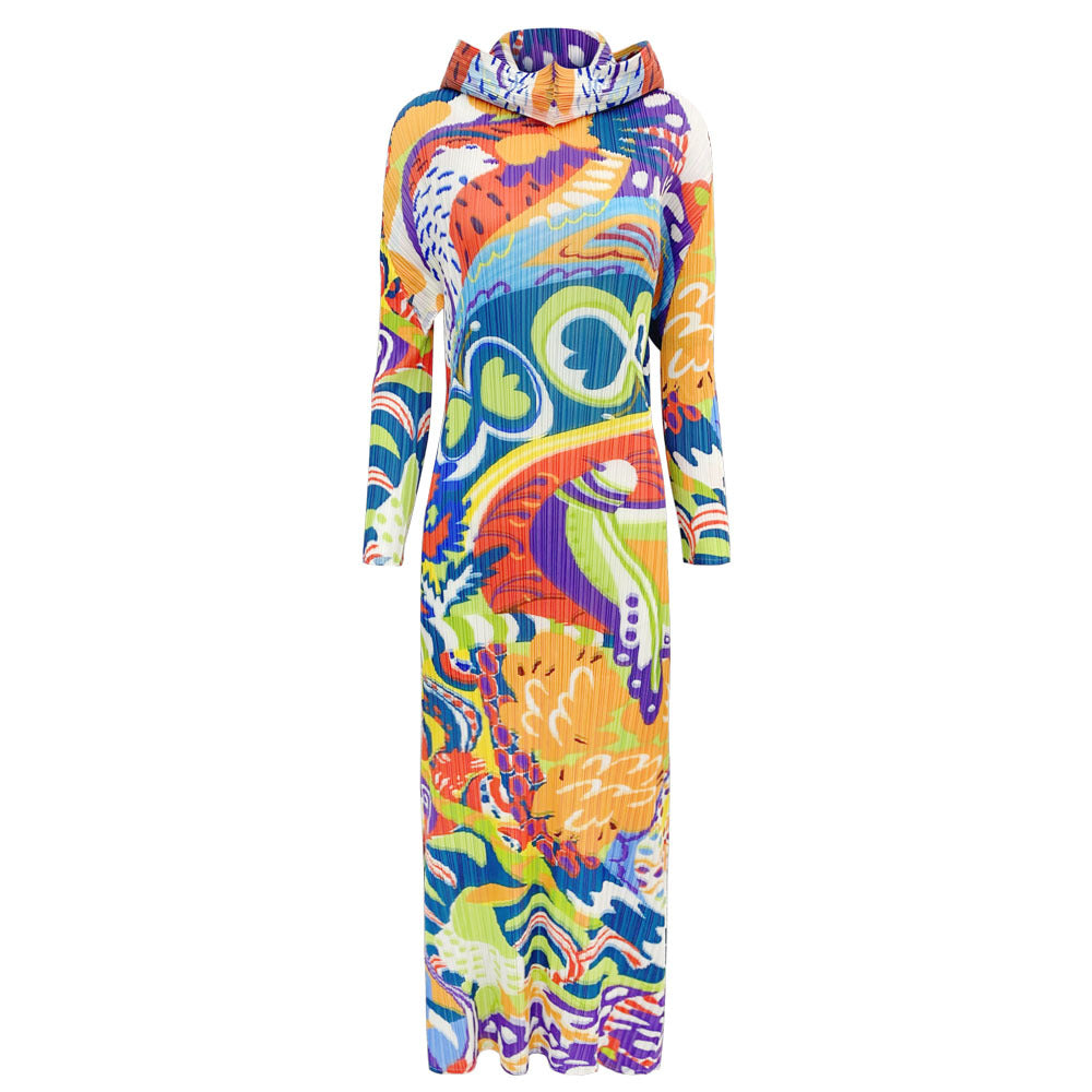 2025 New Spring Pleated Long Sleeve Casual Style Midi Skirt with Graffiti Colorful Slim Hooded Dress