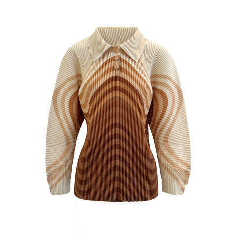 Women’s Fall Pleated Striped Long-Sleeve Top – Loose Slim Fit T-Shirt