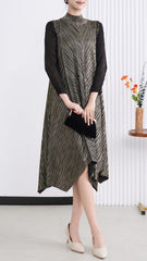Pleated Gilded Irregular Long Dress – Elegant Evening Maxi for Women