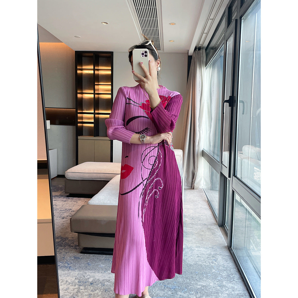 Women’s Pleated Midi Dress – French Print Elegant Slimming Style