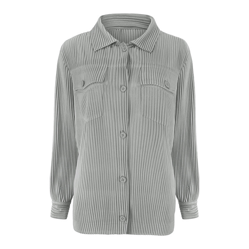 Pleats Please Solid Color Shirt – Slim Fit Pleated Long-Sleeve Top