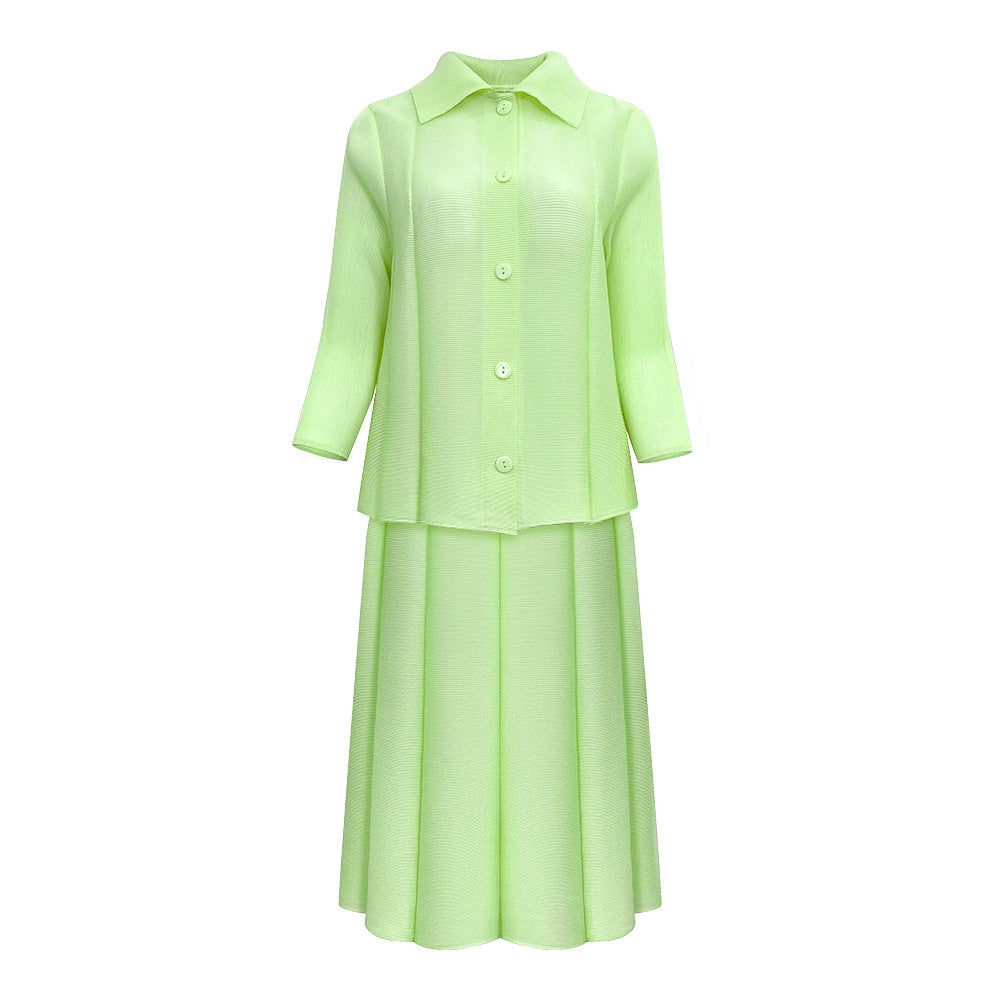 Pleated Two-Piece Set – Buttoned Cardigan Top and Puffy Skirt