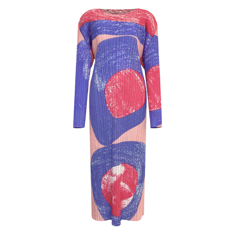 Pleated Vintage Circle Print Midi Dress – Slim Long Sleeve Round Neck