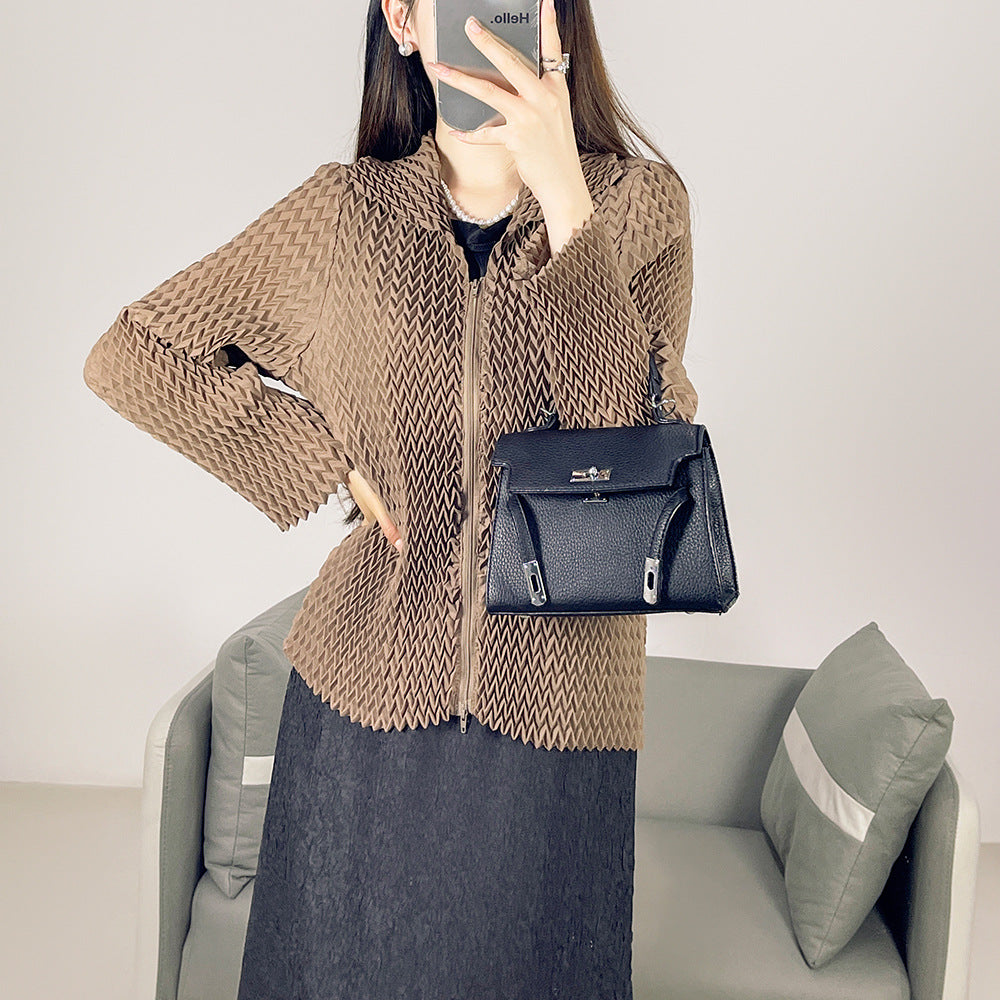 2025 Fall Winter High-End Pleated Wavy Jacket – Solid Color Lapel, Long Sleeve Zipper Cardigan for Women