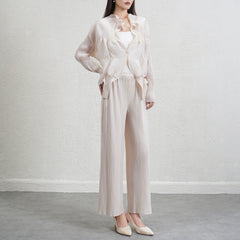 Pleated Floral Bud Cardigan and Wide-Leg Pants Set – Elegant Two-Piece Outfit