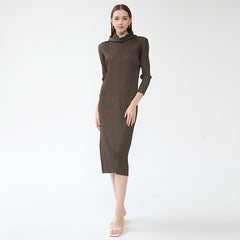 Pleated Hooded A-Line Dress – Solid Color Slim Long Sleeve Winter Style