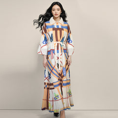 2025 Fall Winter Pleated Printed Shirt Dress – Lapel Collar, Ruffle Detail, Plus-Size Friendly