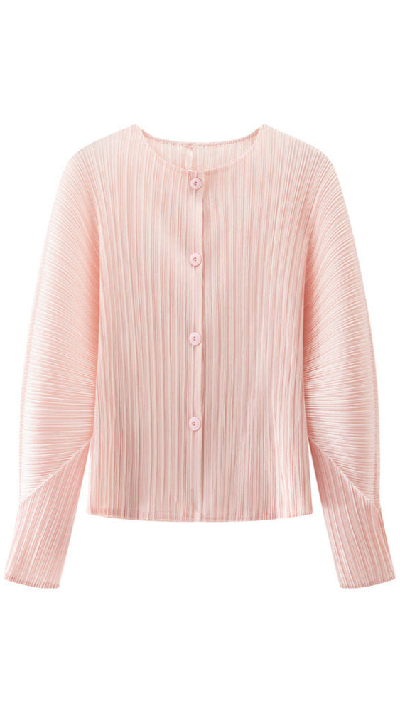 Women’s Spring Pleated Cardigan – Solid Color Round Neck Short Jacket