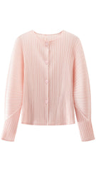 Women’s Spring Pleated Cardigan – Solid Color Round Neck Short Jacket