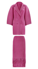 Pleated Two-Piece Set – Suit Collar Jacket and Fringe Skirt